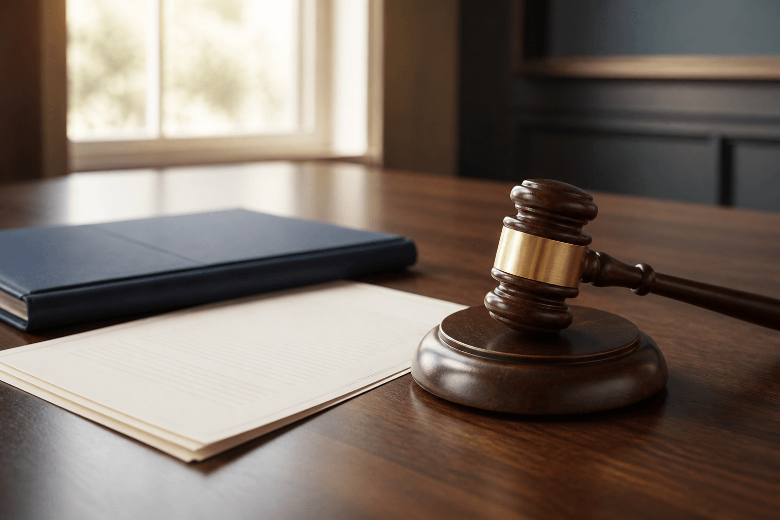 Judge's gavel beside court documents and a navy legal folder